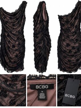 NWT BCBG Size 14 Black Lace One Shoulder Ruched Cocktail Dress